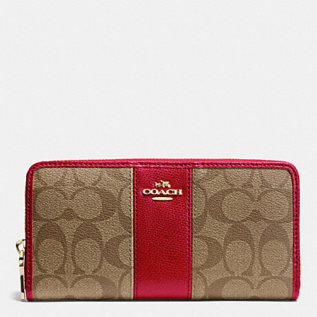 COACH SIGNATURE CANVAS WITH LEATHER ACCORDION ZIP WALLET - LIGHT GOLD/KHAKI/RED - f52859
