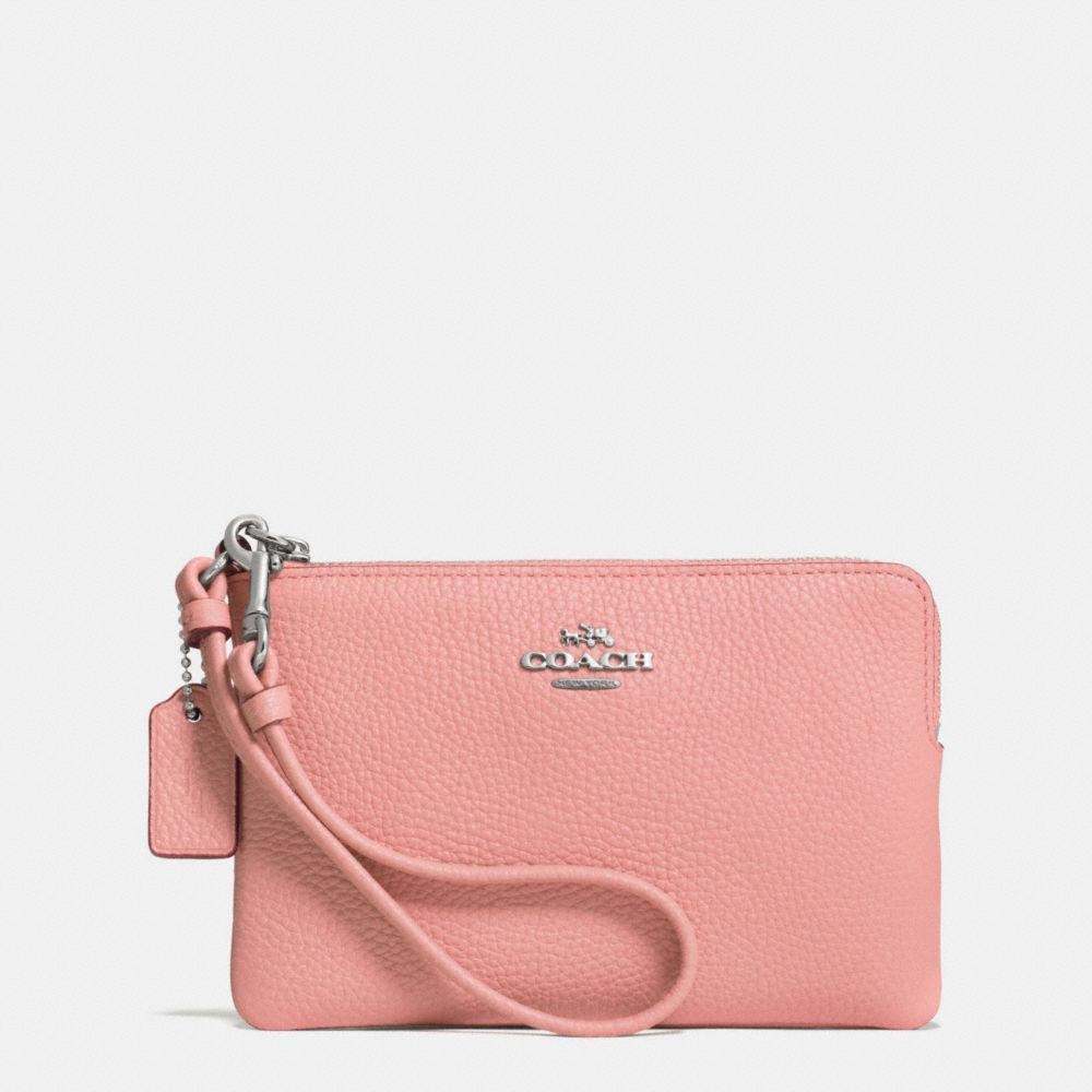 CORNER ZIP WRISTLET IN PEBBLE LEATHER - COACH f52915 -  SILVER/PINK