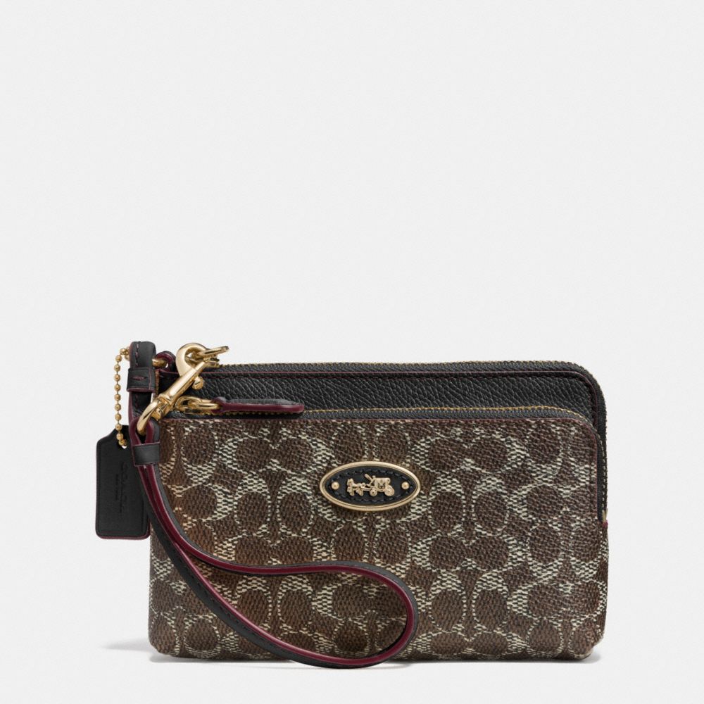 DOUBLE CORNER ZIP WRISTLET IN EMBOSSED SIGNATURE CANVAS - COACH f53010 -  LIGHT GOLD/SADDLE/BLACK