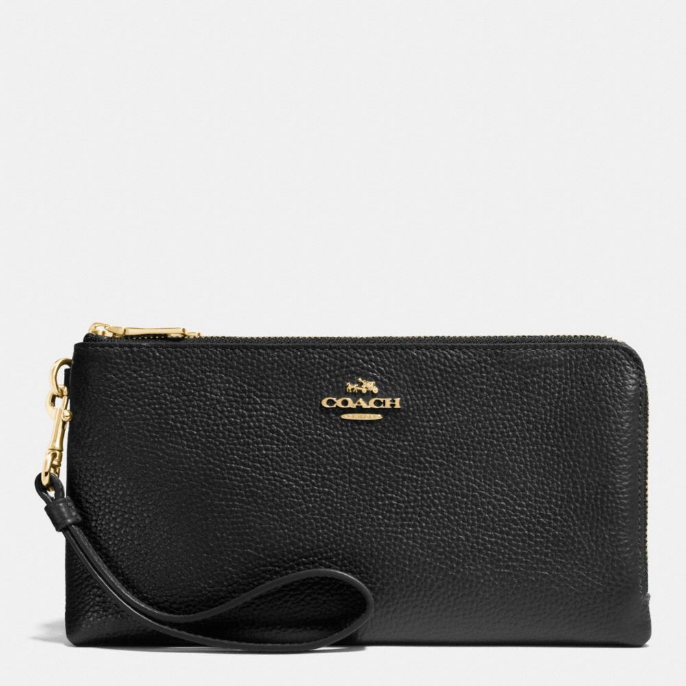 DOUBLE ZIP WALLET IN PEBBLE LEATHER - COACH f53089 - LIGHT  GOLD/BLACK