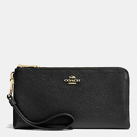 COACH DOUBLE ZIP WALLET IN PEBBLE LEATHER - LIGHT GOLD/BLACK - f53089