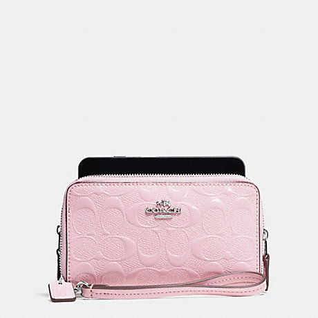 COACH DOUBLE ZIP PHONE WALLET IN SIGNATURE DEBOSSED PATENT LEATHER - SILVER/PETAL - f53310