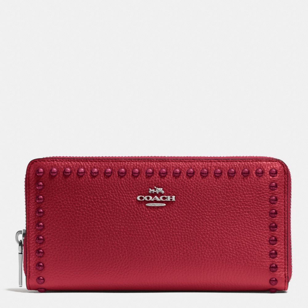 ACCORDION ZIP WALLET IN LACQUER RIVETS PEBBLE LEATHER - COACH  f53489 - SILVER/RED CURRANT