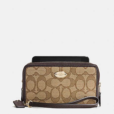 COACH DOUBLE ZIP PHONE WALLET IN SIGNATURE - LIGHT GOLD/KHAKI/BROWN - f53537