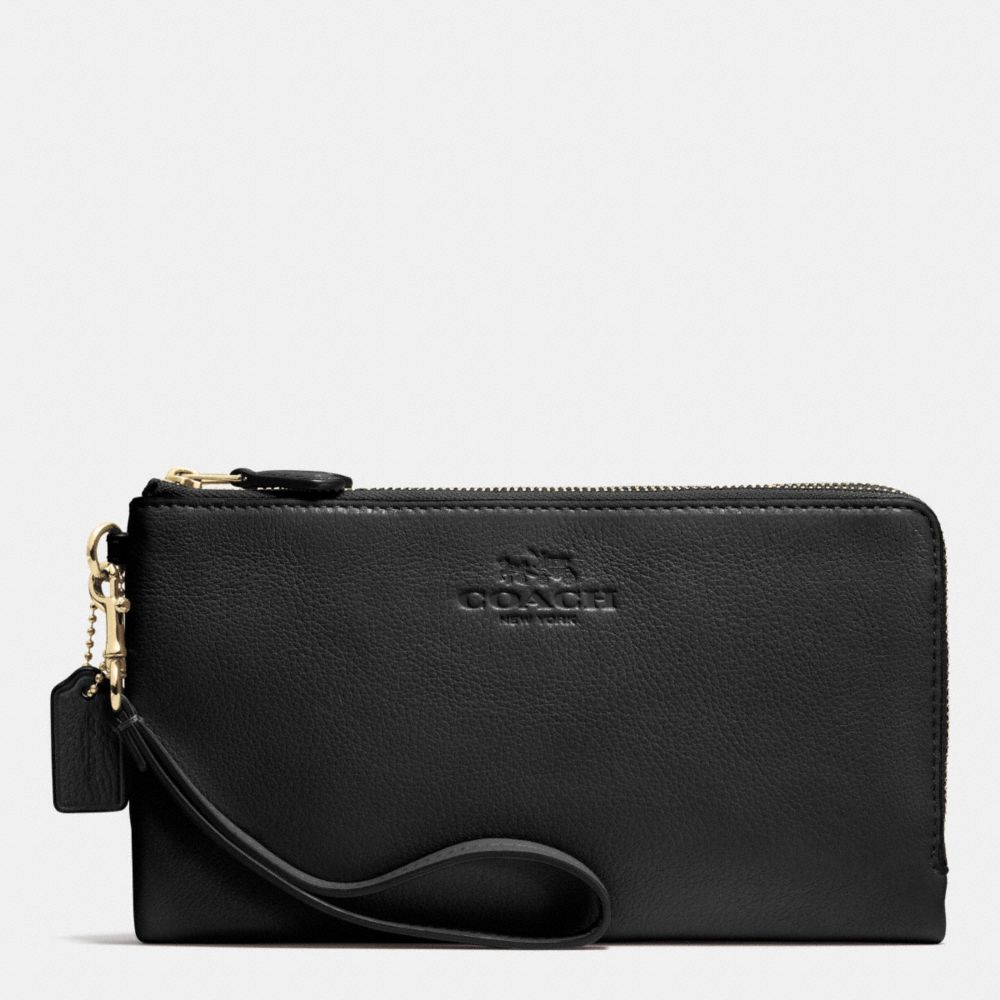 DOUBLE ZIP WALLET IN PEBBLE LEATHER - COACH f53561 - LIGHT GOLD/BLACK