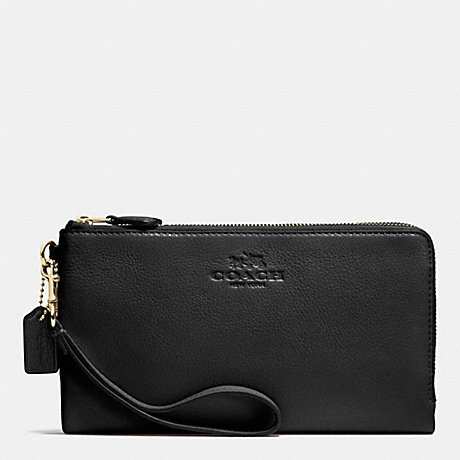 COACH DOUBLE ZIP WALLET IN PEBBLE LEATHER - LIGHT GOLD/BLACK - f53561