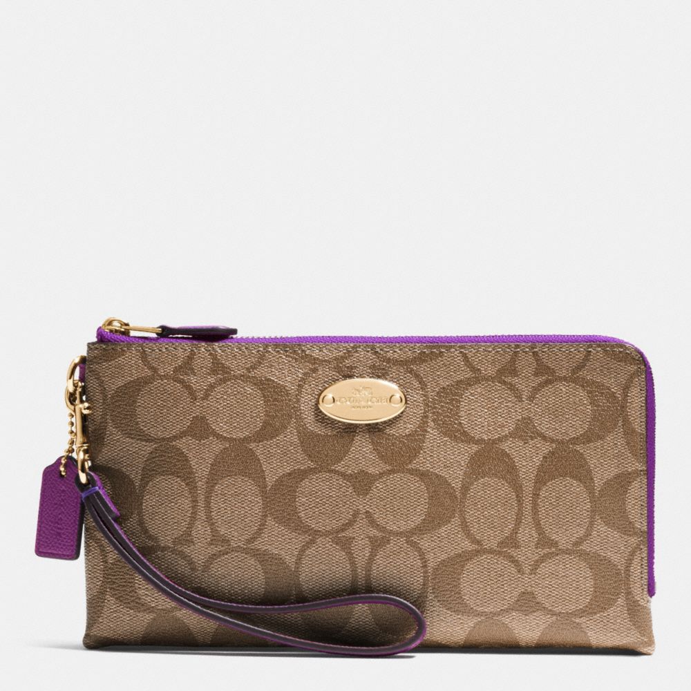 DOUBLE ZIP WALLET IN SIGNATURE - COACH f53563 - IMITATION  GOLD/KHAKI/PLUM