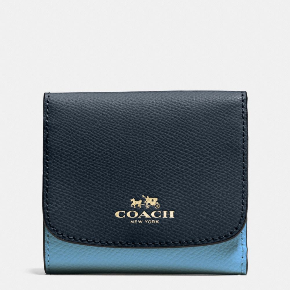 SMALL WALLET IN COLORBLOCK CROSSGRAIN LEATHER - COACH f53779 - IMITATION GOLD/MIDNIGHT/GREY BIRCH