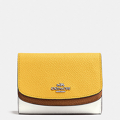 COACH MEDIUM DOUBLE FLAP WALLET IN COLORBLOCK LEATHER - SILVER/CANARY MULTI - f53852