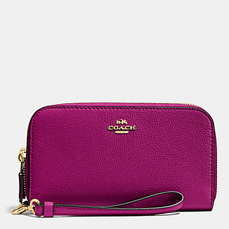COACH DOUBLE ACCORDION ZIP WALLET IN PEBBLE LEATHER - IMITATION GOLD/FUCHSIA - f53891
