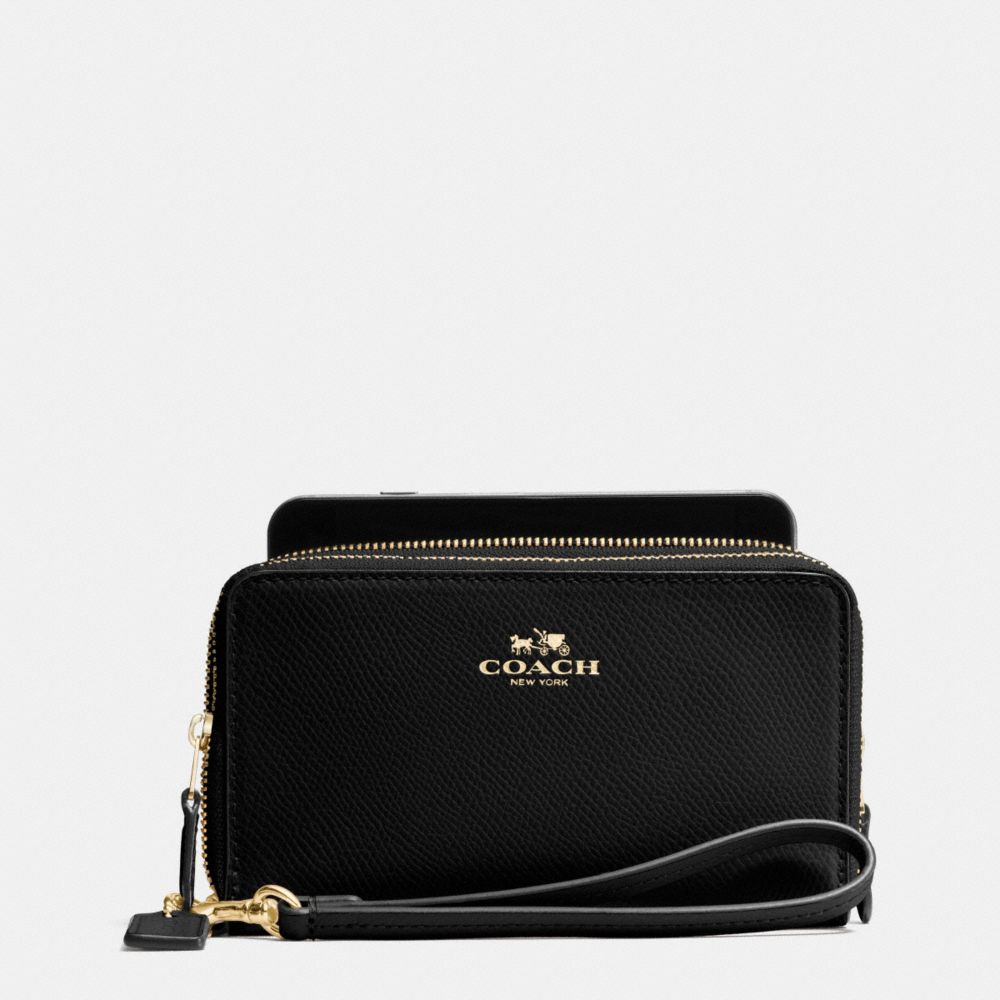 DOUBLE ZIP PHONE WALLET IN CROSSGRAIN LEATHER - COACH f53896 - IMITATION GOLD/BLACK