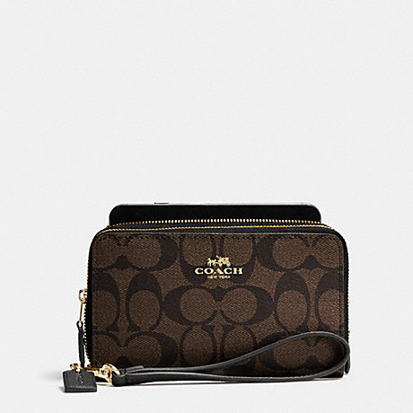 COACH DOUBLE ZIP PHONE WALLET IN SIGNATURE - IMITATION GOLD/BROWN/BLACK - f53937
