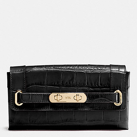 COACH COACH SWAGGER WALLET IN CROC EMBOSSED LEATHER - LIGHT GOLD/BLACK - f53963