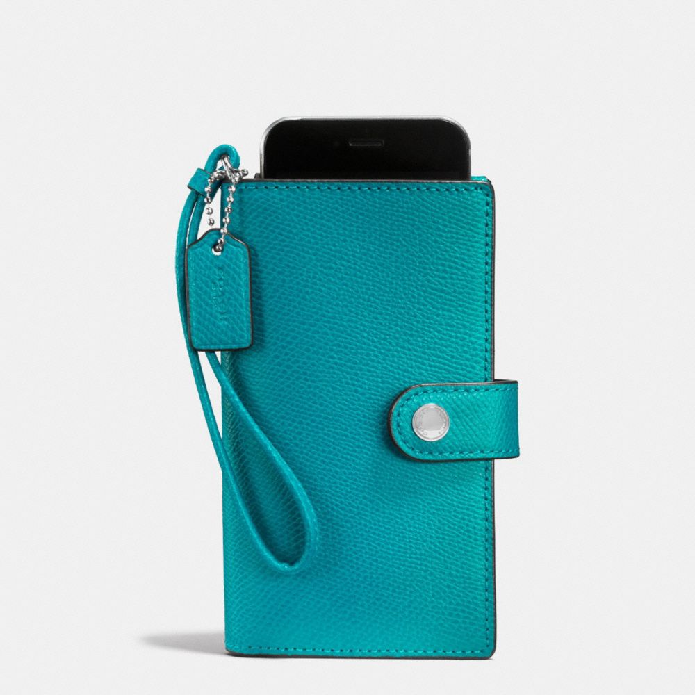 PHONE CLUTCH IN CROSSGRAIN LEATHER - COACH f53977 - SILVER/TURQUOISE