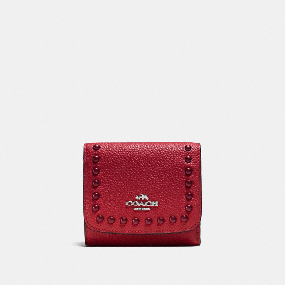 SMALL WALLET IN PEBBLE LEATHER WITH LACQUER RIVETS - COACH f53990 - SILVER/RED CURRANT