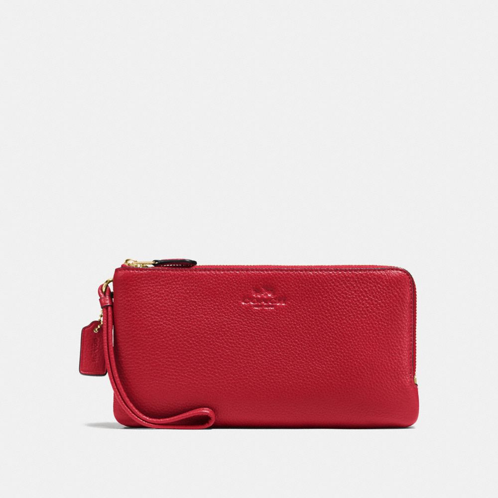 DOUBLE ZIP WALLET IN PEBBLE LEATHER - COACH f54056 - IMITATION  GOLD/TRUE RED