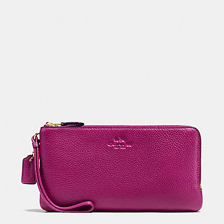 COACH DOUBLE ZIP WALLET IN PEBBLE LEATHER - IMITATION GOLD/FUCHSIA - f54056