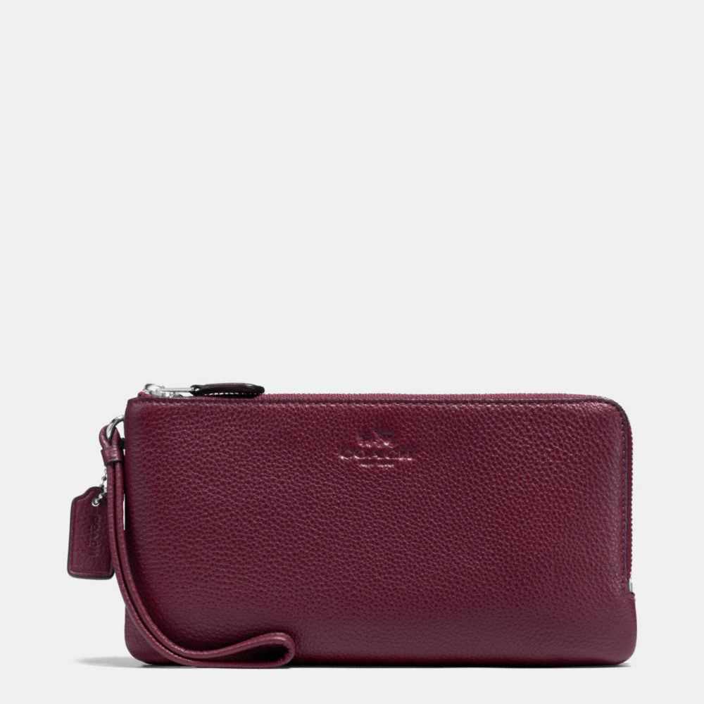 DOUBLE ZIP WALLET IN PEBBLE LEATHER - COACH f54056 - SILVER/BURGUNDY