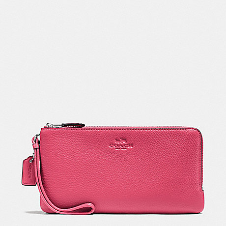 COACH DOUBLE ZIP WALLET IN PEBBLE LEATHER - SILVER/STRAWBERRY - f54056