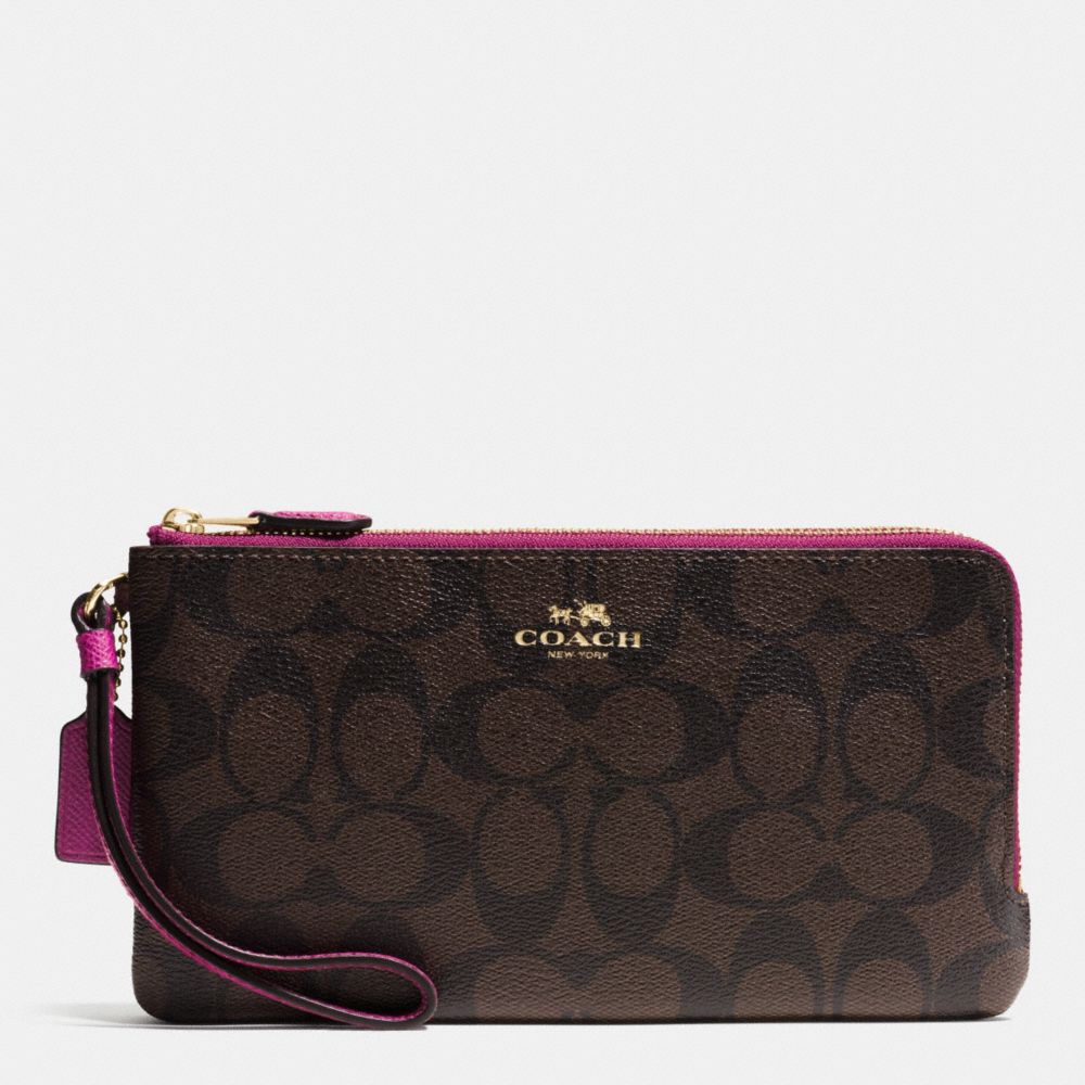 DOUBLE ZIP WALLET IN SIGNATURE - COACH f54057 - IMITATION GOLD/BROWN/FUCHSIA