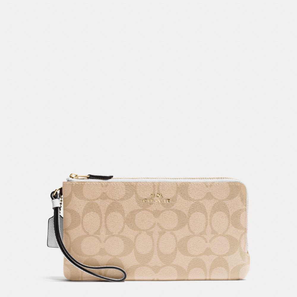 DOUBLE ZIP WALLET IN SIGNATURE - COACH f54057 - IMITATION GOLD/LIGHT KHAKI/CHALK