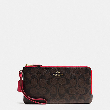 COACH DOUBLE ZIP WALLET IN SIGNATURE - IMITATION GOLD/BROWN TRUE RED - f54057