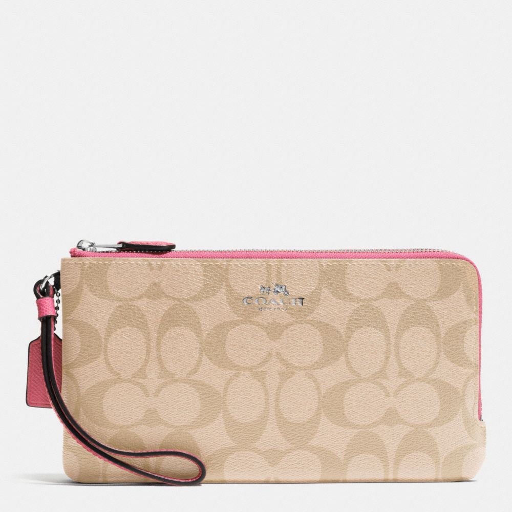 COACH DOUBLE ZIP WALLET IN SIGNATURE - SILVER/LIGHT KHAKI/STRAWBERRY - F54057