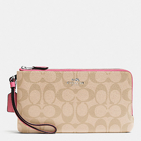 COACH DOUBLE ZIP WALLET IN SIGNATURE - SILVER/LIGHT KHAKI/STRAWBERRY - f54057