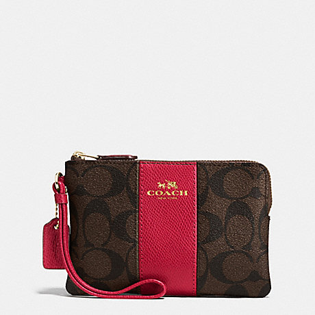 COACH CORNER ZIP WRISTLET IN SIGNATURE COATED CANVAS WITH LEATHER STRIPE - IMITATION GOLD/BROWN TRUE RED - f54629