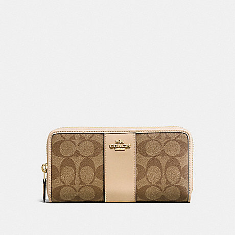 COACH ACCORDION ZIP WALLET IN SIGNATURE COATED CANVAS WITH LEATHER STRIPE - IMITATION GOLD/KHAKI PLATINUM - f54630