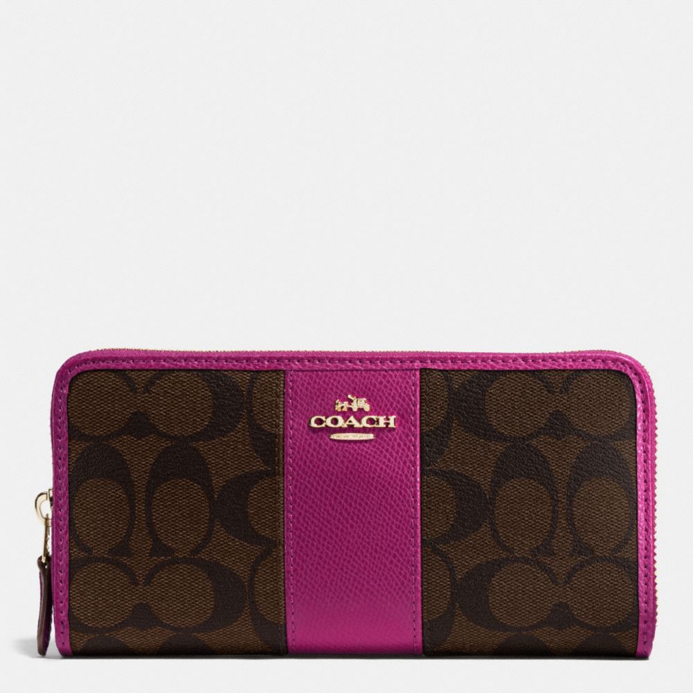 ACCORDION ZIP WALLET IN SIGNATURE COATED CANVAS WITH LEATHER STRIPE - COACH f54630 - IMITATION GOLD/BROWN/FUCHSIA