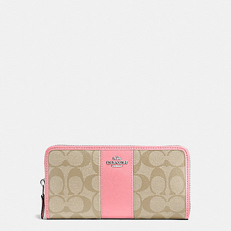 COACH ACCORDION ZIP WALLET IN SIGNATURE COATED CANVAS WITH LEATHER STRIPE - SILVER/LIGHT KHAKI/BLUSH - f54630