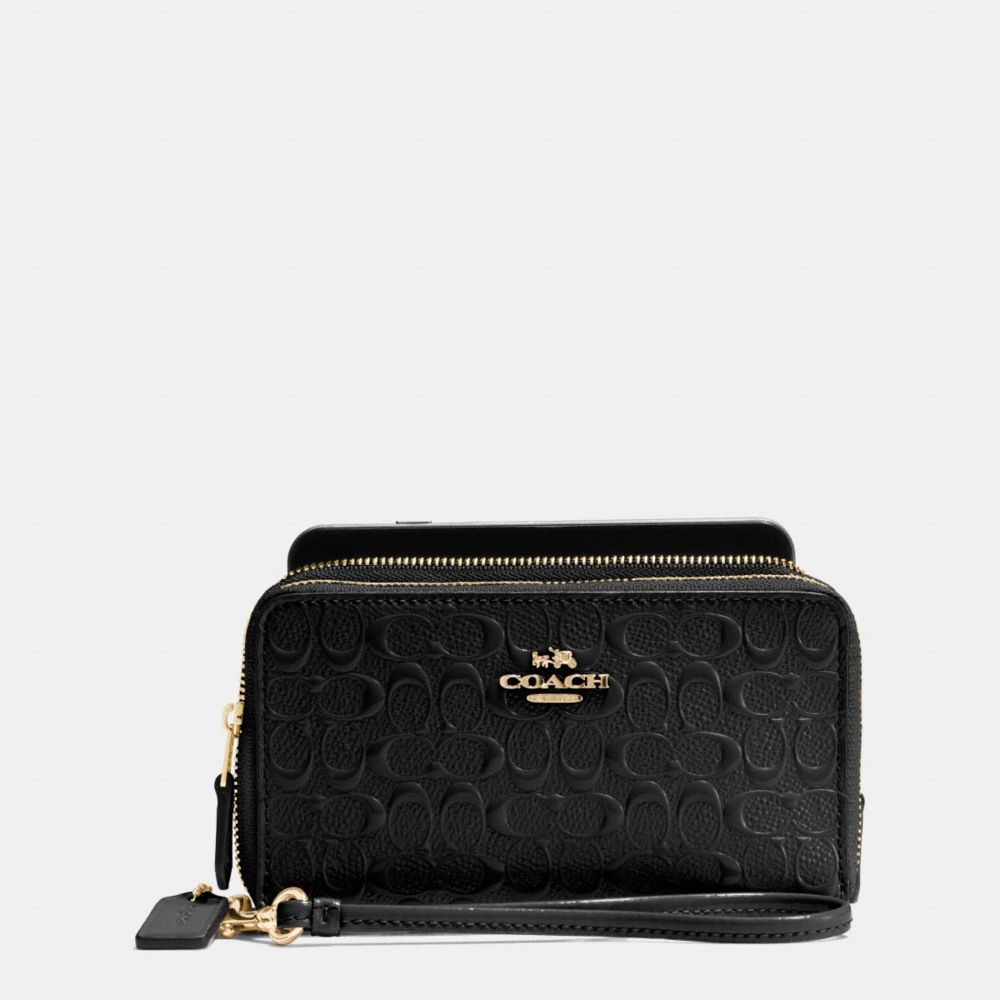 DOUBLE ZIP PHONE WALLET IN SIGNATURE DEBOSSED PATENT LEATHER - COACH f54808 - IMITATION GOLD/BLACK