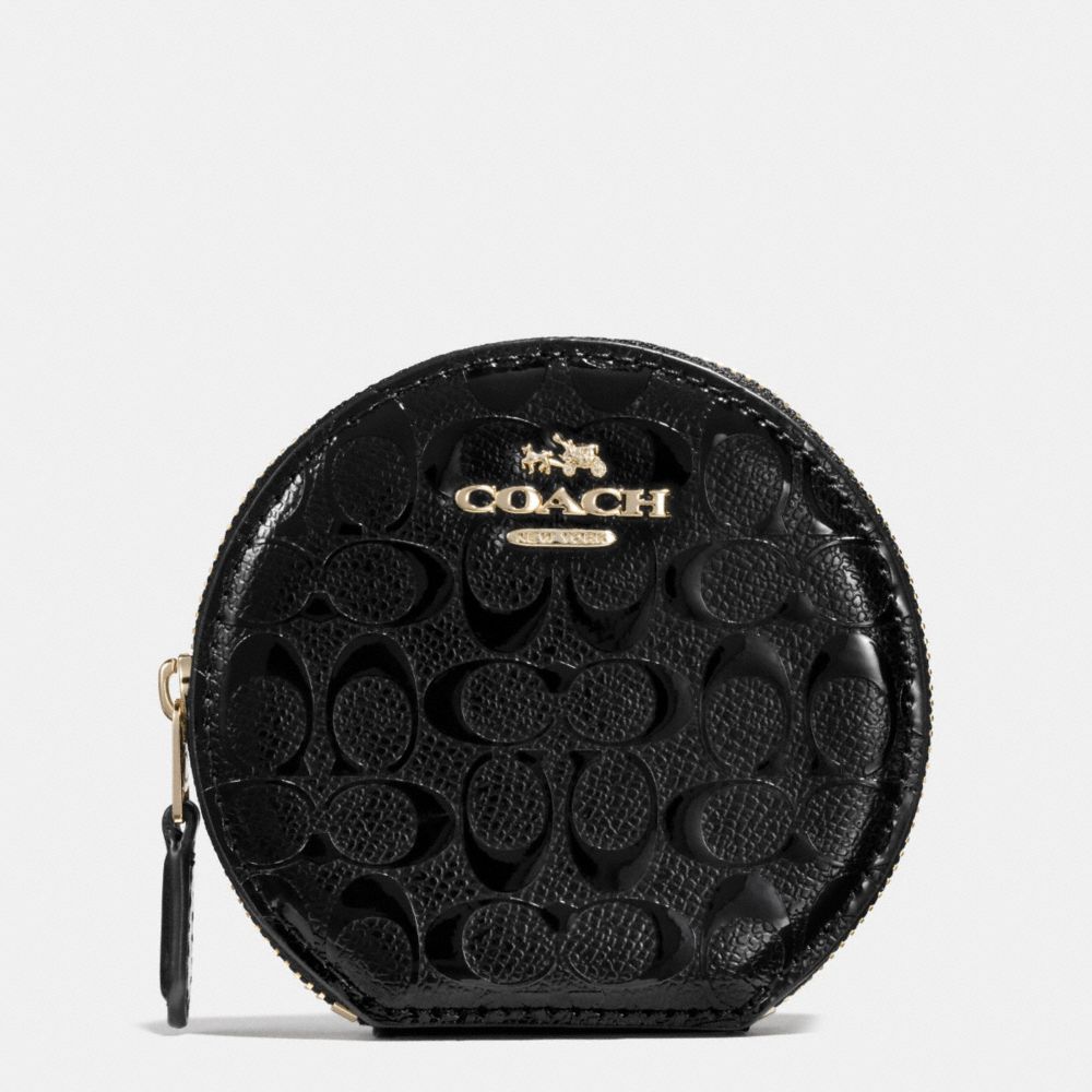 ROUND COIN CASE IN SIGNATURE DEBOSSED PATENT LEATHER - COACH  f54840 - IMITATION GOLD/BLACK