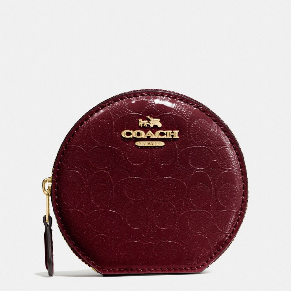 ROUND COIN CASE IN SIGNATURE DEBOSSED PATENT LEATHER - COACH  f54840 - IMITATION GOLD/OXBLOOD 1