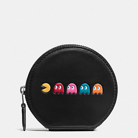 COACH PAC MAN ROUND COIN CASE IN CALF LEATHER - ANTIQUE NICKEL/BLACK - f54871