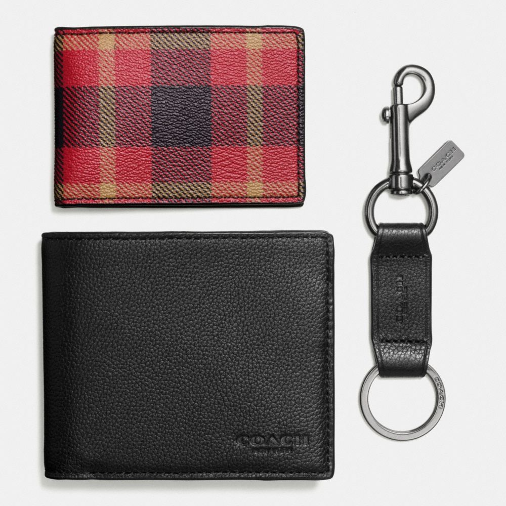 BOXED 3-IN-1 WALLET IN RILEY PLAID COATED CANVAS - COACH f55430 -  BLACK/RED PLAID BLACK
