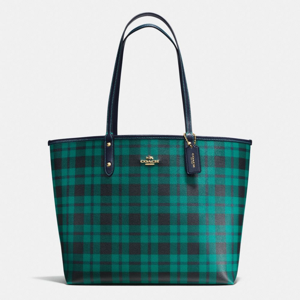 REVERSIBLE CITY TOTE IN RILEY PLAID COATED CANVAS - COACH f55447 - IMITATION GOLD/ATLANTIC MULTI
