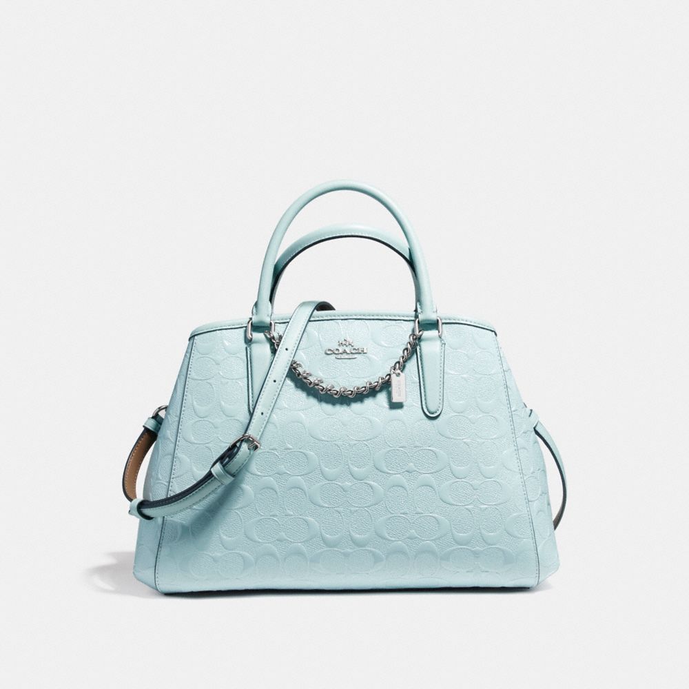 COACH SMALL MARGOT CARRYALL IN SIGNATURE DEBOSSED PATENT LEATHER - SILVER/AQUA - F55451