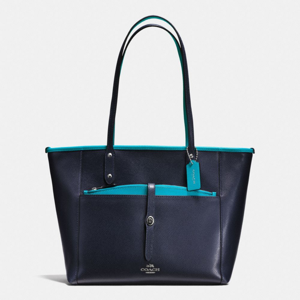 CITY TOTE WITH POUCH IN CROSSGRAIN LEATHER - COACH f55469 -  SILVER/MIDNIGHT TURQUOISE