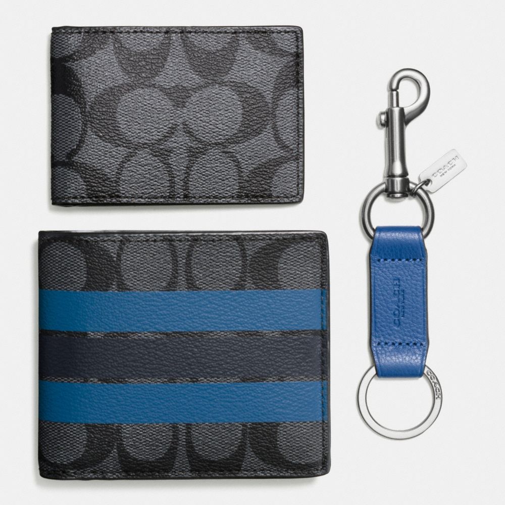 BOXED 3-IN-1 WALLET IN VARSITY SIGNATURE COATED CANVAS - COACH f55485 - CHARCOAL/MIDNIGHT NAVY