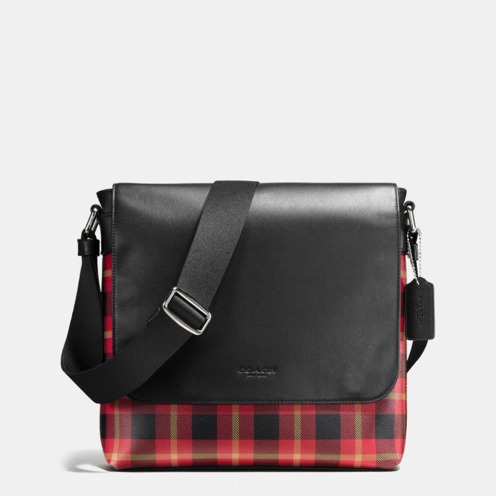 CHARLES SMALL MESSENGER IN PRINTED COATED CANVAS - COACH f55490 - BLACK/RED PLAID BLACK
