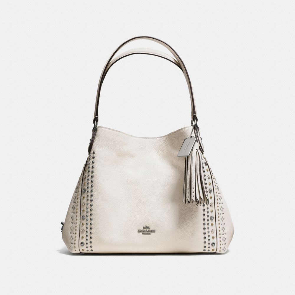 COACH EDIE SHOULDER BAG 31 IN PEBBLE LEATHER WITH WESTERN RIVETS - DARK GUNMETAL/CHALK - F55544