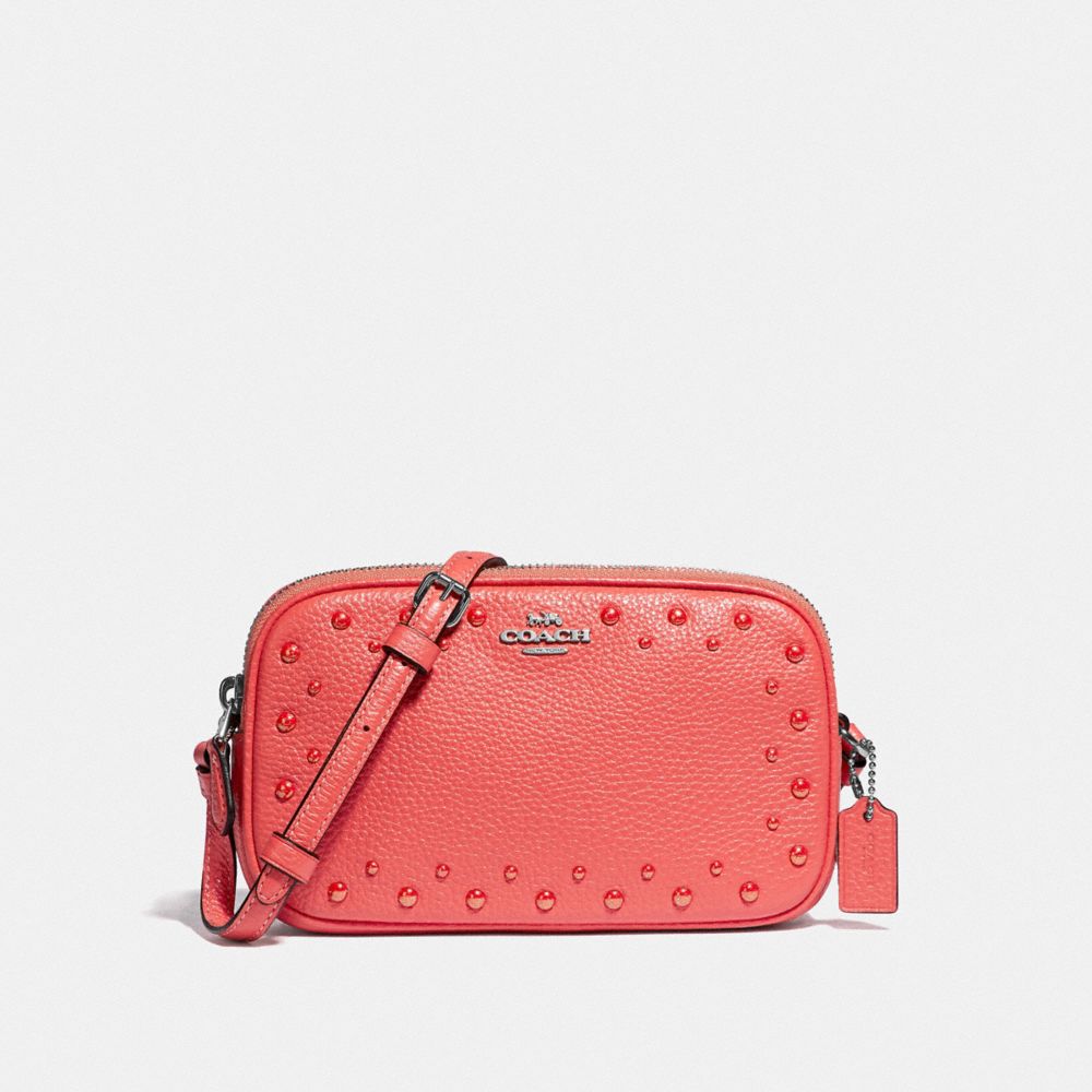 COACH CROSSBODY POUCH WITH STUDS - CORAL/SILVER - F55619