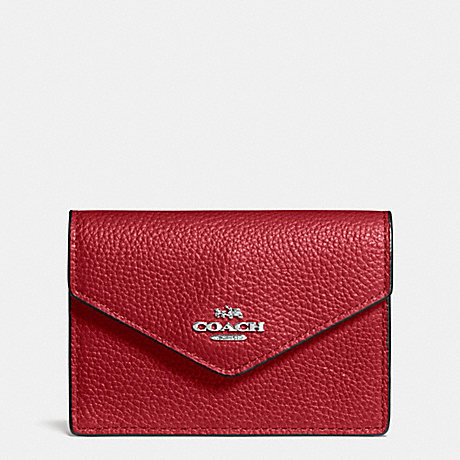 COACH ENVELOPE CARD CASE IN POLISHED PEBBLE LEATHER - SILVER/RED CURRANT - f55749