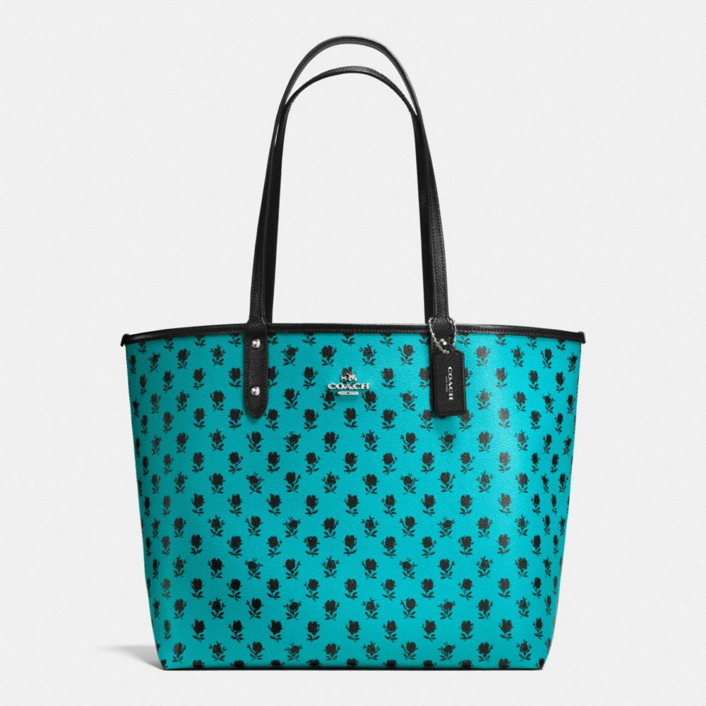 REVERSIBLE CITY TOTE IN BADLANDS FLORAL PRINT CANVAS - COACH  f55863 - SILVER/TURQUOISE MULTI BLACK