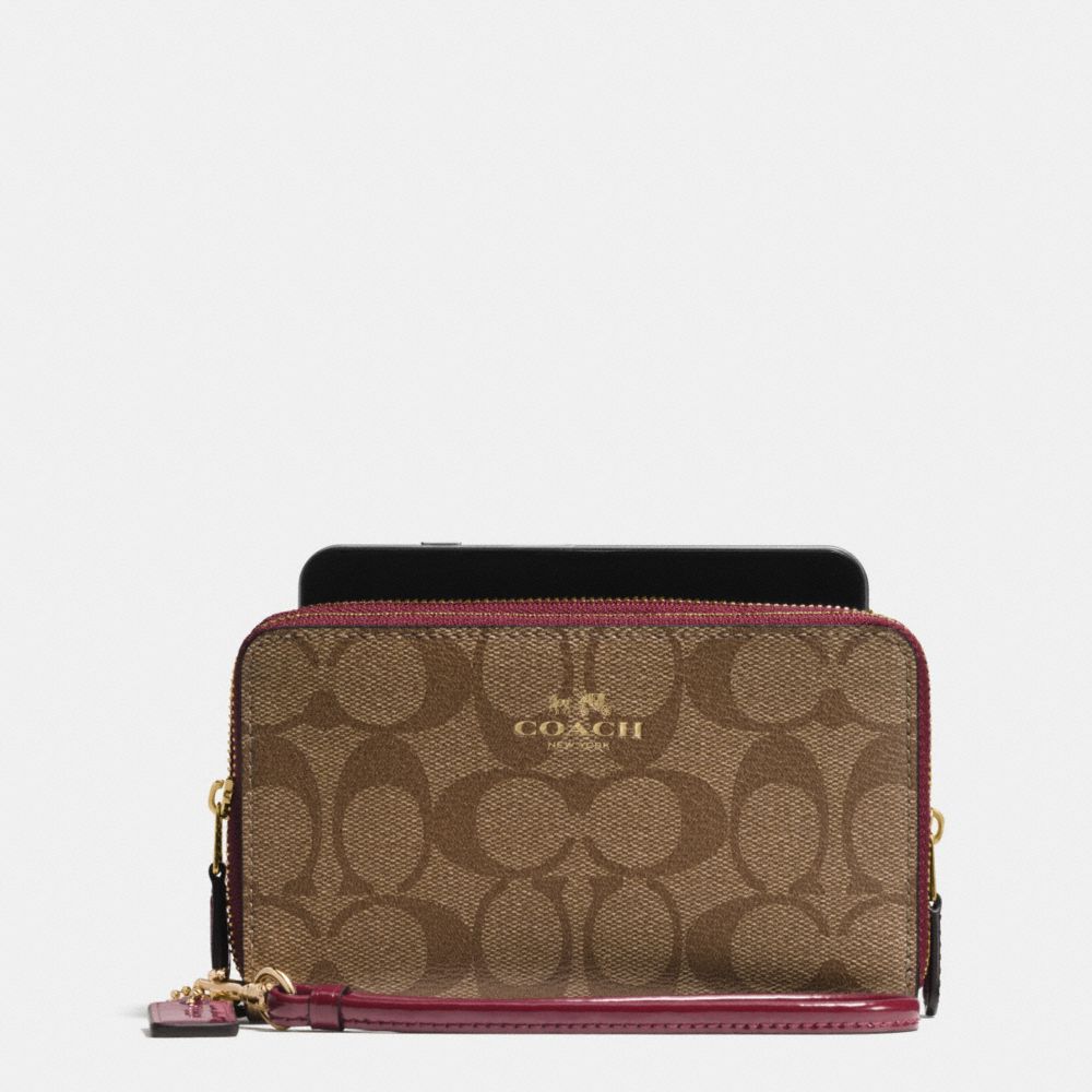 BOXED DOUBLE ZIP PHONE WALLET IN SIGNATURE WITH PATENT LEATHER TRIM - COACH f55978 - IMITATION GOLD/KHAKI BURGUNDY