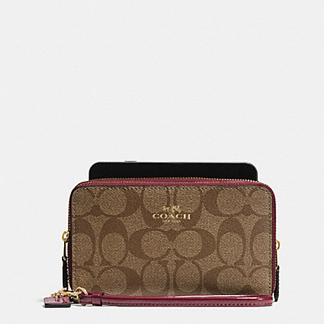 COACH BOXED DOUBLE ZIP PHONE WALLET IN SIGNATURE WITH PATENT LEATHER TRIM - IMITATION GOLD/KHAKI BURGUNDY - f55978