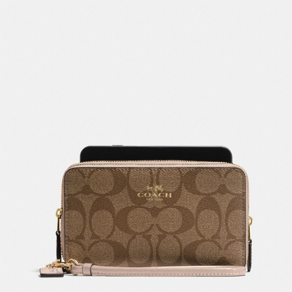 BOXED DOUBLE ZIP PHONE WALLET IN SIGNATURE WITH PATENT LEATHER TRIM - COACH f55978 - IMITATION GOLD/KHAKI PLATINUM