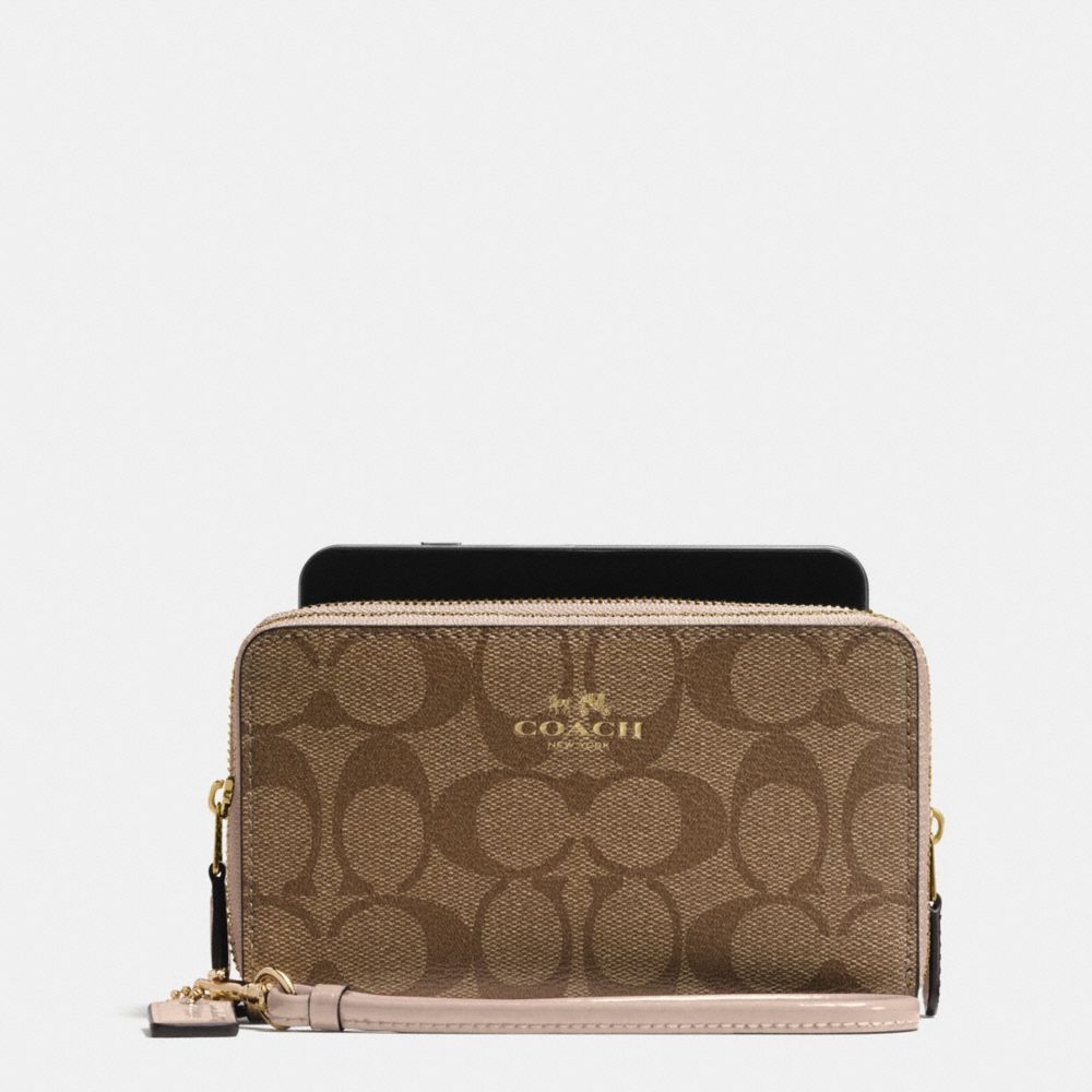 BOXED DOUBLE ZIP PHONE WALLET IN SIGNATURE WITH PATENT LEATHER  TRIM - COACH f55978 - IMITATION GOLD/KHAKI PLATINUM